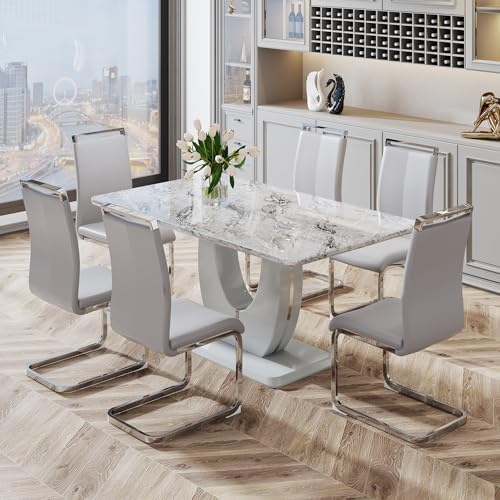JUFU 7 Piece Dining Table Set for 6, 63 Inch Faux Marble Rectangular Kitchen ...