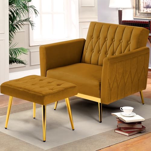 Velvet Accent Chair w/Ottoman & Adjustable Backrest, Ginger