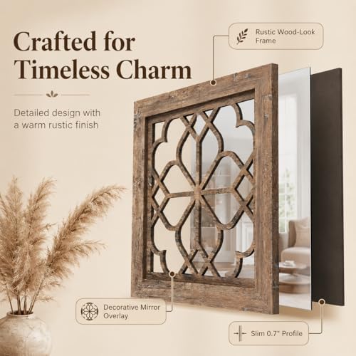 Set of 4 Boho Wall Mirrors with Carved Floral Design, 12x12 Inch Rustic Farmh...