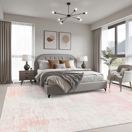 10x12 Area Rug Living Room: Modern Washable Soft Carpet Pink White