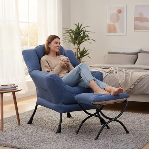 Welnow Lazy Chair with Ottoman, Reading Chair with Footrest,Royal Blue
