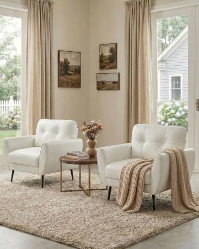 White Faux Leather Accent Chairs Set of 2, Tufted Armchairs for Living Room