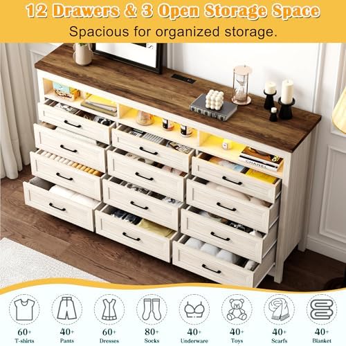 Hlivelood Farmhouse 12 Drawer Dresser with LED Lights, 71" Wide Large Ch...