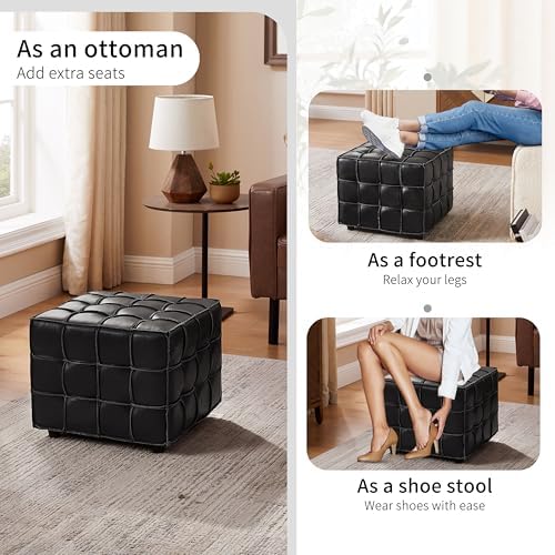 Art Leon Tufted Square Ottoman Leather Footstool Modern Foot Rest Black
