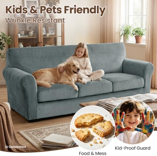 XINEAGE 2-Piece Velvet Armchair Sofa Cover, Couch Covers for Dog,Light Gray