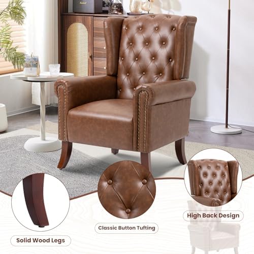 Faux Leather Accent Chair, Mid-Century Armchair Upholstered Club Sofa Chair w...
