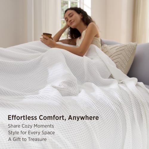 Bedsure 100% Cotton Blanket, Waffle Weave, Queen Size, White, 90"x90"