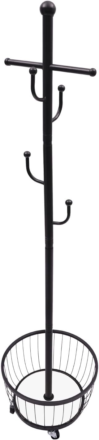 Floor Standing Coat Rack with Storage Basket and Wheels,Carbon Steel Hall Tre...