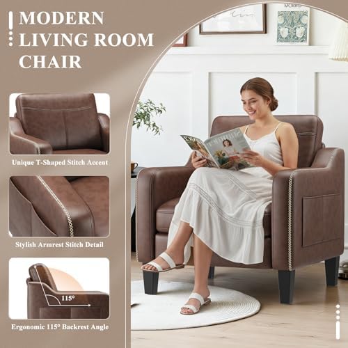 MALOL PU Leather Accent Chair, Mid-Century Modern Living Room Armchair Sofa w...