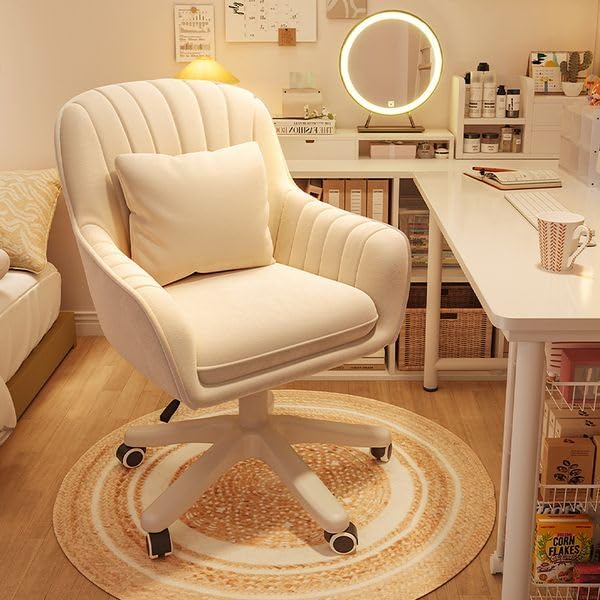 Velvet Desk Chair with Pillow Upholstered Vanity Chair for Girls Women, Home Office Computer Task Chair with Wheels Swivel Rolling Accent Chair for Living Room, Bedroom