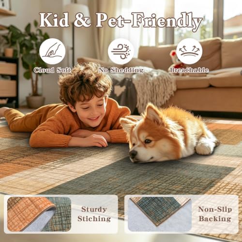 8x10 Washable Area Rug for Living Room Modern Geometric Patchwork Orange