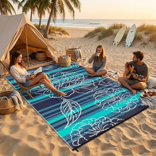 Garvee 5x8 Outdoor Waterproof Rug Reversible Straw Patio Rug Black&Blue