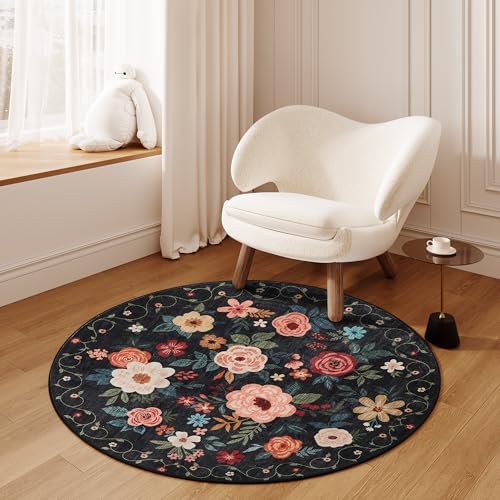 DUKINO 4ft Round Rug, Floral Washable Small Round Area Rug Non Slip, Black