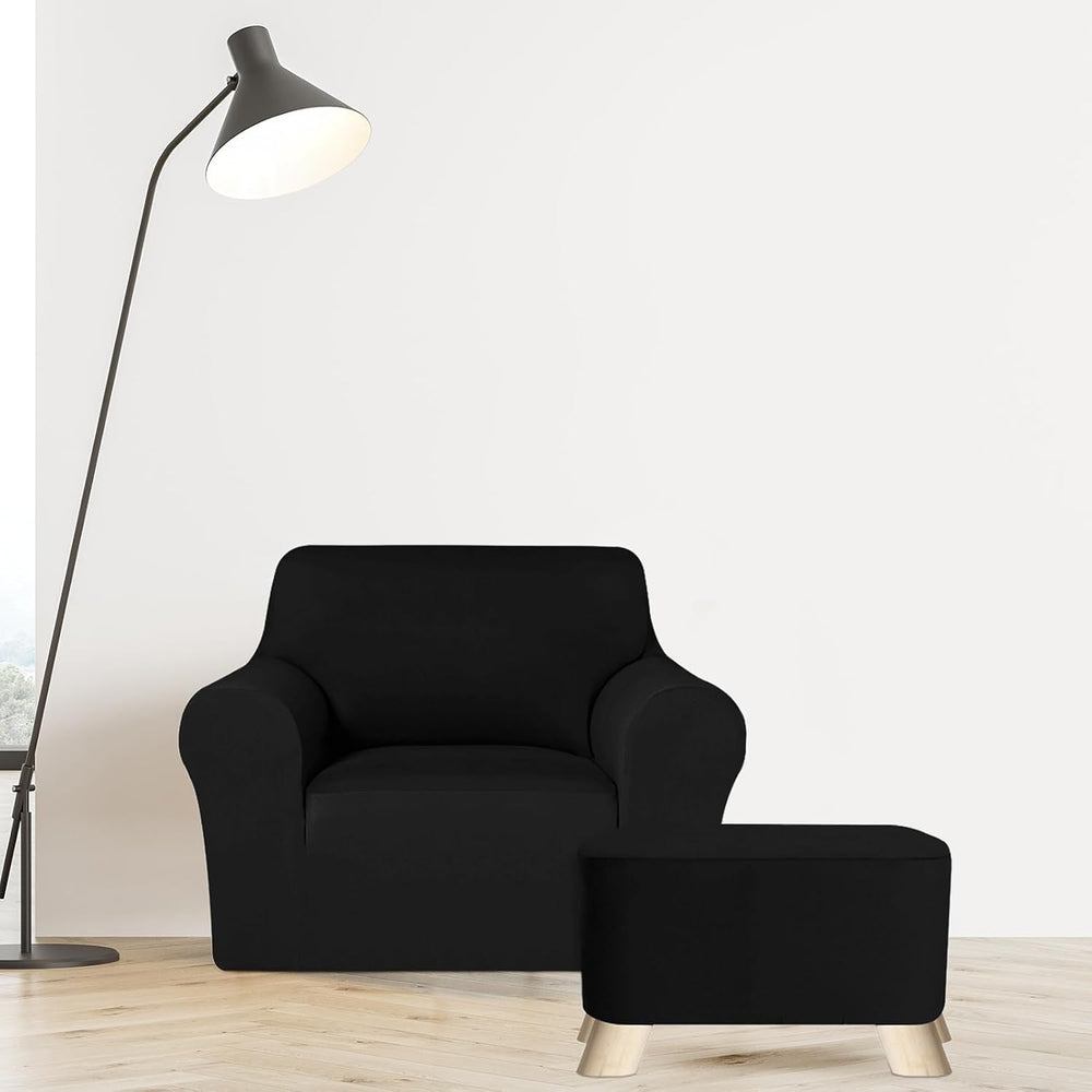 HunnmingRe 2 Piece Black Chair Ottoman Slipcover Set for T Cushion Armchair