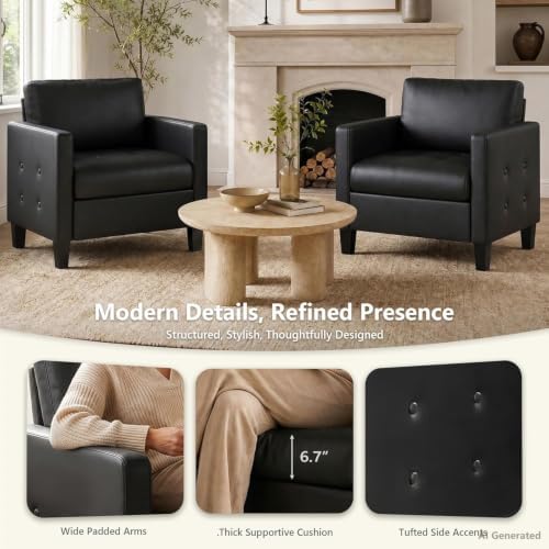 STHOUYN Black Comfy Accent Chair, Faux Leather Living Room Chair