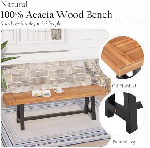 Sophia & William 63" Outdoor Wood Bench Weatherproof, Teak Finish, 2...