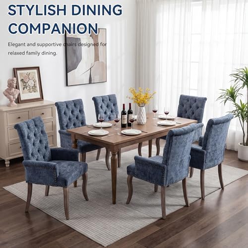 Farmhouse Upholstered Dining Chair Set of 2 with Arms & Nailhead Trim, Tu...