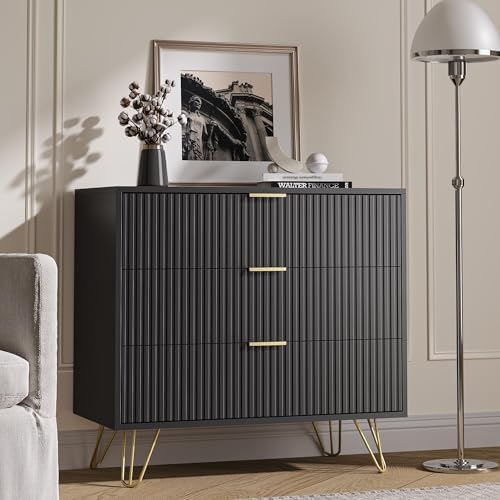 Black 3 Drawer Dresser for Bedroom, Fluted Dresser with Gold metal Handles