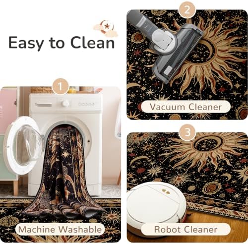 Vacuum-Friendly, 5x7 Washable Area Rug, Black Gold Beige Red