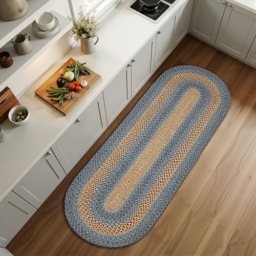 RCTJHOME 2x6 Oval Braided Runner Natural Rust Blue Farmhouse Kitchen Rug