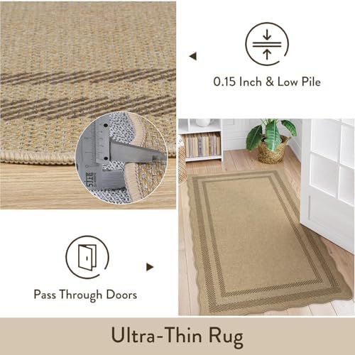 LIVEBOX Scalloped Washable 5x7 Outdoor Rug, Easy Jute Tan Rugs for Living Roo...