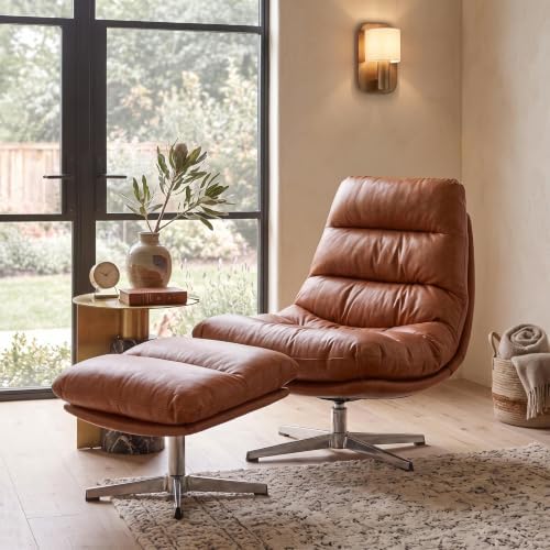 HNY Brown Swivel Lounge Chair with Ottoman Modern PU Leather Accent Chair wit...