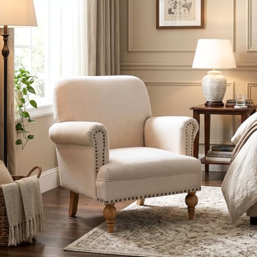 Beige Linen Fabric Accent Chair, Modern Farmhouse Upholstered Armchair with N...