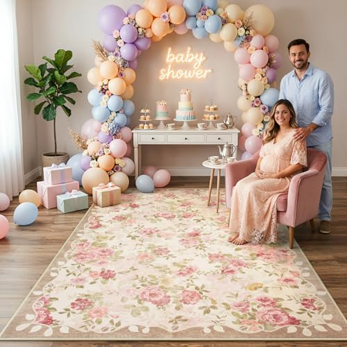 Lahome Floral Washable Rugs 5x7,Pink Vintage Rugs for Bedroom Girls
