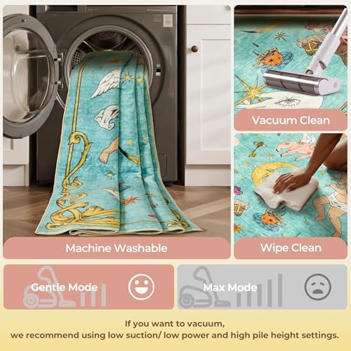 Kokia 4x6 Celestial Sun Moon Unique Fresh Turquoise Soft Washable Area Rug