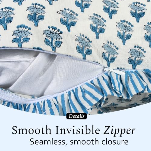 CPC Apatite Blue Block Print Ruffle Pillow Cover 18x18 Inch, Pack of 2