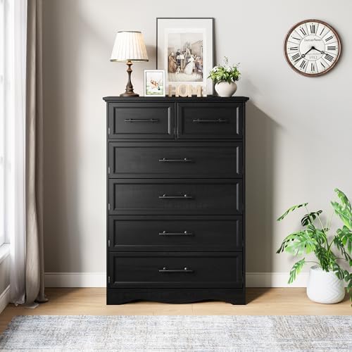 YANSNWO Black 6 Drawer Dresser for Bedroom, 44" Tall Chest of Drawers