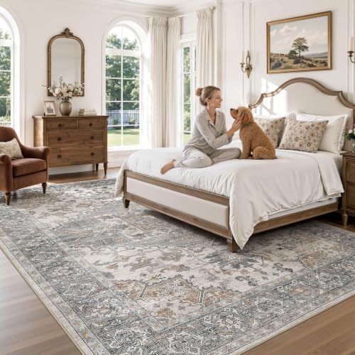 Washable Area Rugs 9x12: Neutral Gray Brown Rugs for Living Room