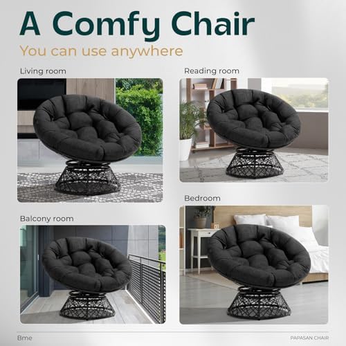 Bme 40" Wicker Papasan Chair, 360° Swivel, Onyx Stone - Black Base