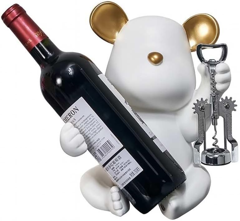 Bear Wine Bottle Holder, White with Gold Accents, Decorative Tabletop Wine Ra...