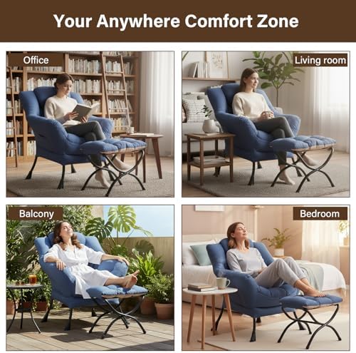 Welnow Lazy Chair with Ottoman, Reading Chair with Footrest,Royal Blue