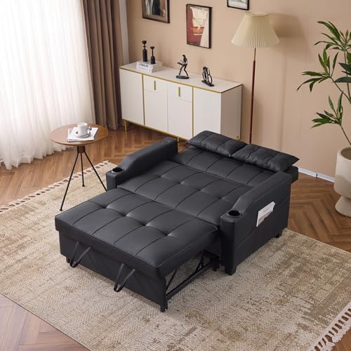 VINGLI Black Futon Sofa Bed Convertible Loveseat Sleeper Couch, Faux Leather ...