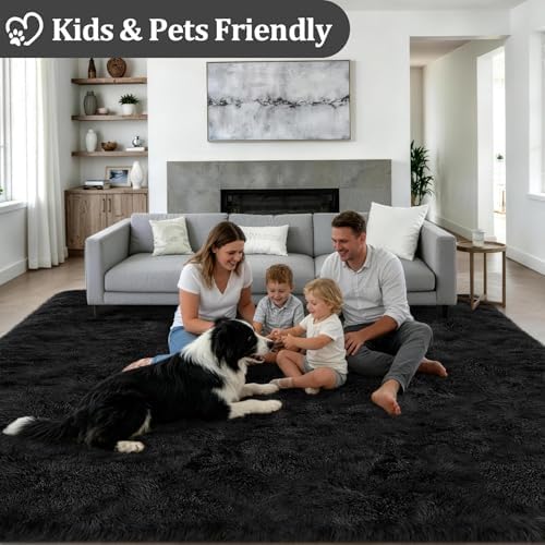 8x10 Area Rug Living Room Bedroom: Fluffy Plush Shag Carpet Black