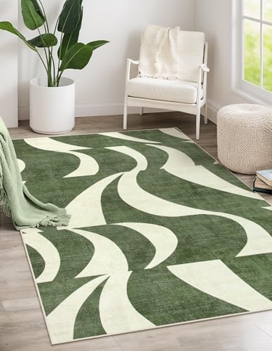 Lahome Abstract 5x7 Rug,Low-Pile Soft Green Rugs for Living Room,Retro Swirl ...
