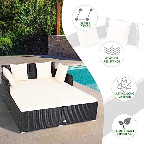 COSTWAY Outdoor Patio Rattan Daybed, Sponge Cushioned Loveseat Sofa