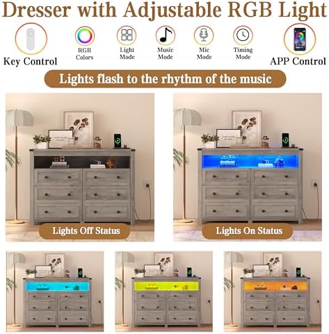 Wodeer Grey Dresser 6 Drawer Dressers for Bedroom with LED Lights, Charging S...