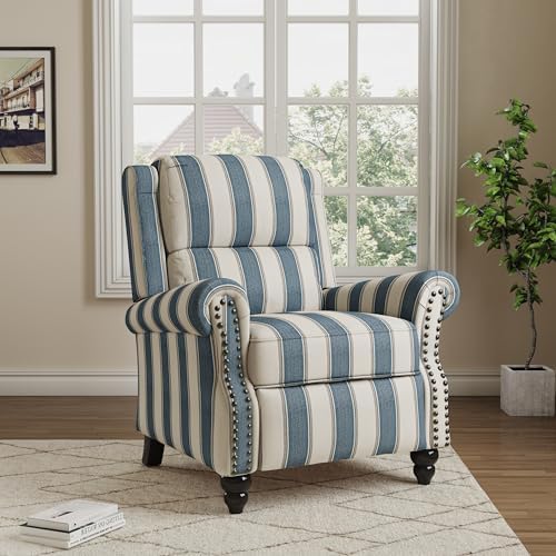 Pushback Recliner Chair, Fabric Wingback Recliner, Navy Stripe