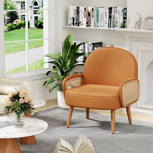 Aklaus Mid Century Modern Accent Chair Set of 2 Armchair with Rattan Arms Uph...
