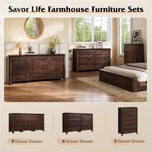 WLIVE Brown Dresser for Bedroom, 9 Drawer Wooden Chest of Drawers with SGS-Te...
