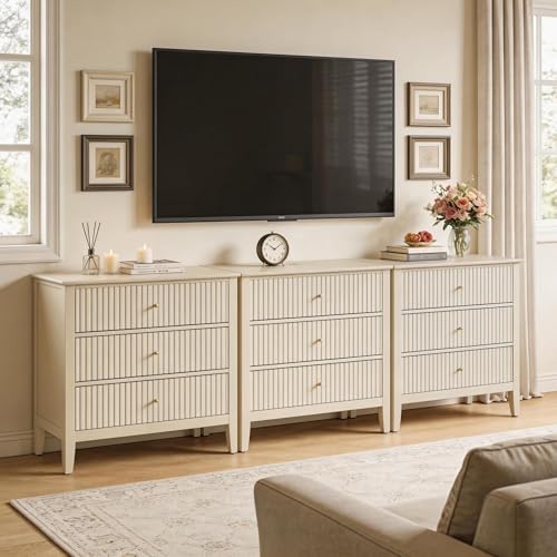 RoyalCraft Fluted 3 Drawer Dresser, 32" Wide Nightstand for Bedroom, Beige