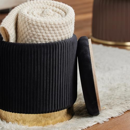 Round Ottoman with Storage Set of 2 Black Velvet Vanity Stool