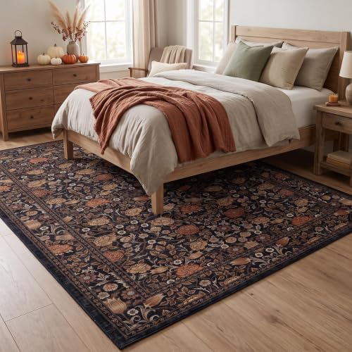 GarveeHome Dark Brown Floral Washable Rug 5x7 for Bedroom Living Room