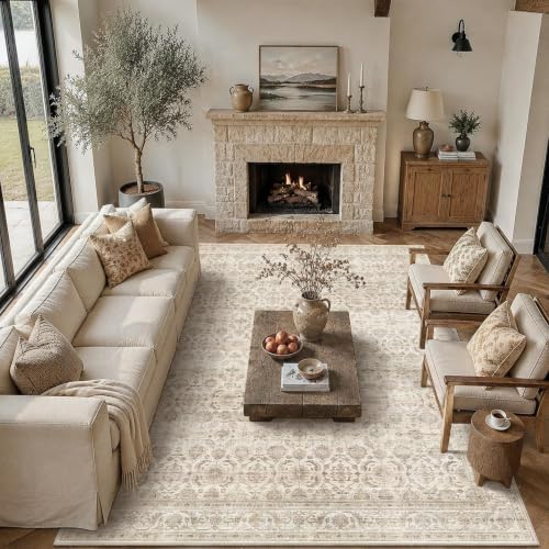 JOOJA 8x10 Beige Vintage Soft Low Pile Boho Neutral Washable Area Rug
