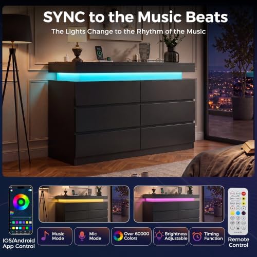 6 Drawer Dresser with LED Lights and Charging Station, Modern Black Dresser