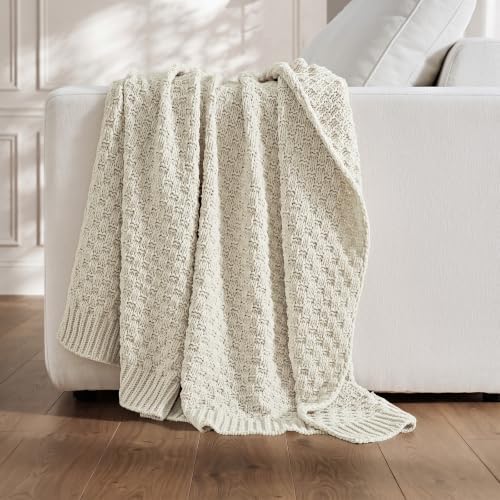 EVERGRACEHOME Chunky Chenille Knit Throw Blanket, Birch, 50" x 60"