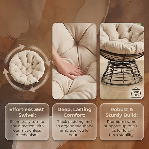 Cushion Papasan Swivel Chair, Ergonomic Wicker Round Chair with Thick Padding...